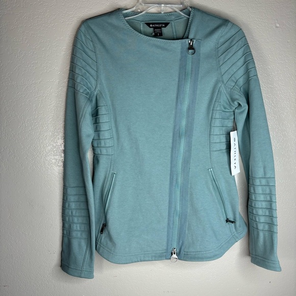 Athleta Small Tiffany Blue Work Out Moto Ribbed Jacket Zipper Front Zip Pockets - Picture 5 of 16